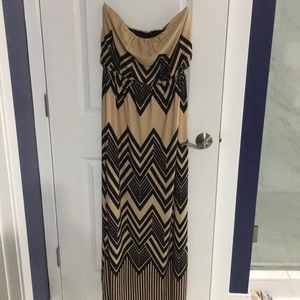 Strapless black and tan chevron print maxi dress